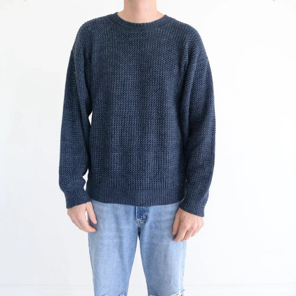 Vintage David Taylor Navy Fine Knit 3D Eclectic Grandpa V Neck Sweater Medium - Picture 1 of 9